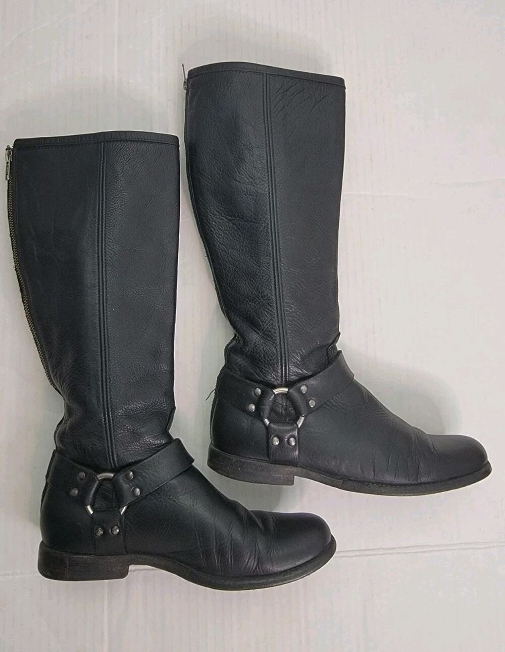 Frye Phillip Harness Tall Black Leather Boots Back Zipper Biker Equestrian 6.5 B